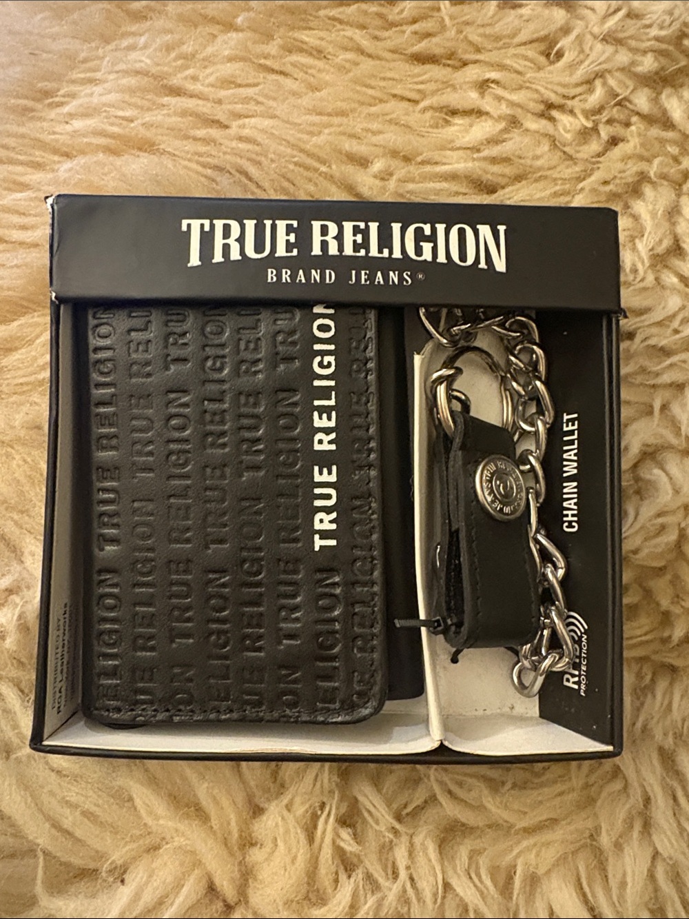 True Religion Black Leather Wallet with Silver Chain and Branding